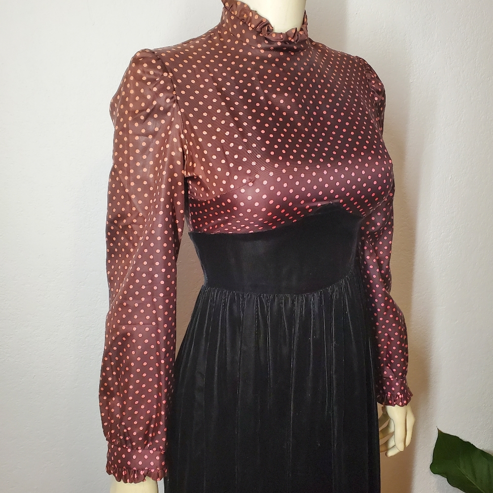 Vintage 70s Vicky Victorian Velvet Dot Dress - Picture 7 of 11